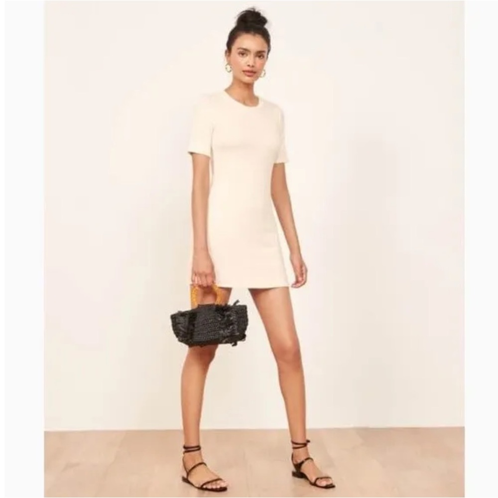 Reformation Ivory Ribbed Crew Neck Sheath Dress